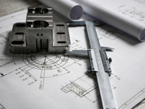 Engineering drawings and precision tools arranged on a table, showcasing detailed diagrams for technical projects.