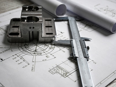 Engineering drawings and precision tools arranged on a table, showcasing detailed diagrams for technical projects.
